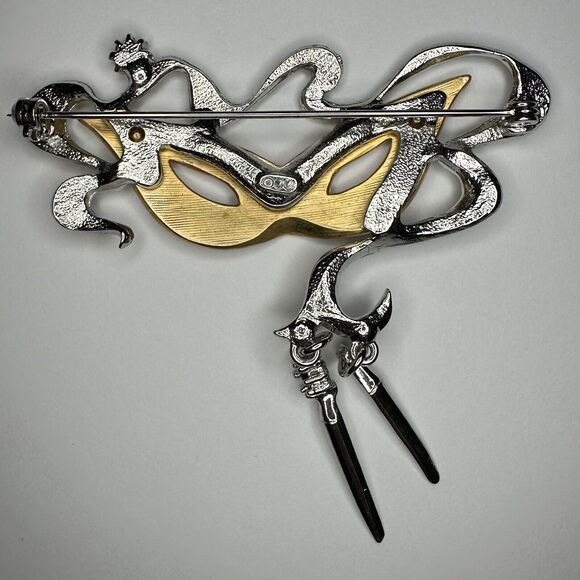 JJ JONETTE Gold Silver Tone Masquerade Mardi Gras Mask Rhinestone Brooch Pin - Picture 2 of 3